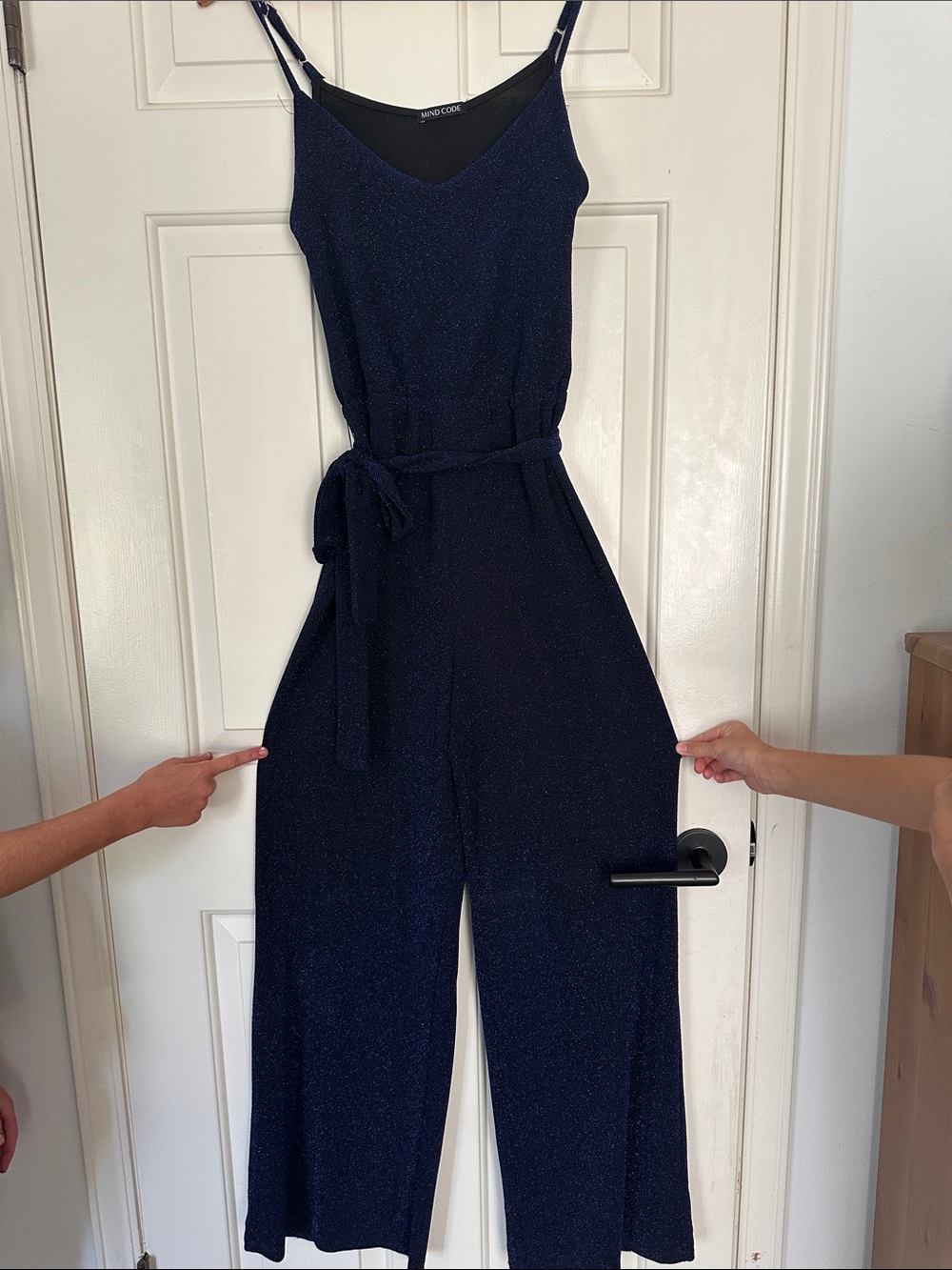 Navy Sparkle Wide-Leg Jumpsuit with Tie